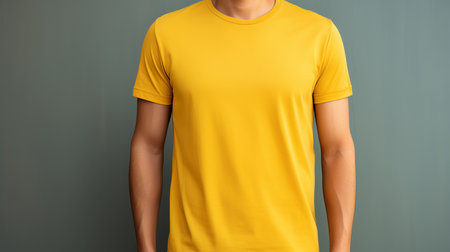 Man in yellow t shirt mockup template for design print studio shot on light gray wallの素材