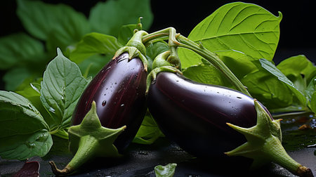 Close up of a ripe, glossy purple black eggplant in dramatic lighting, shallow depth of fieldの素材