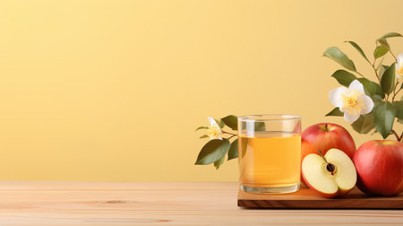 Freshly squeezed apple juice in glass on wooden table with isolated solid soft yellow backgroundの素材
