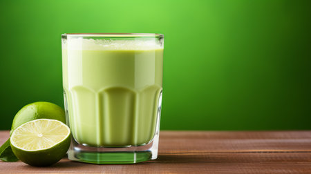 Tempting lime juice in glass on wooden table with soft green background for text placementの素材