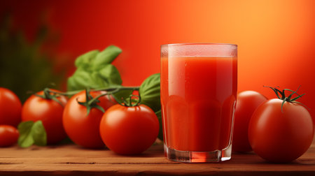 Delicious tomato juice in a glass on wooden table with red background, perfect for text placementの素材