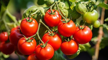 Vibrant red tomatoes in greenhouse with lush foliage, varying ripeness, and natural lightの素材