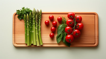 Vibrant green asparagus spears on wooden board, minimalist composition, sharp focus, fujifilm xt4の素材