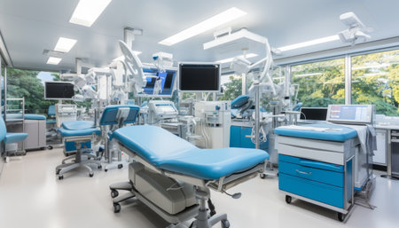 High tech equipment and advanced medical devices in a state of the art modern operating roomの素材