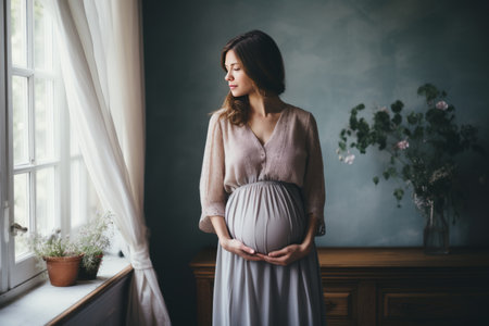 Serene unrecognizable pregnant woman gracefully caressing her blossoming waistline with tender handsの素材