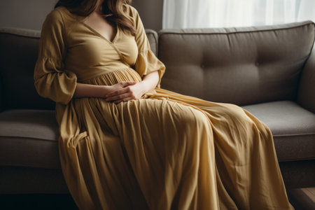 Elegant unrecognizable pregnant woman lovingly cradling her waistline with tender handsの素材