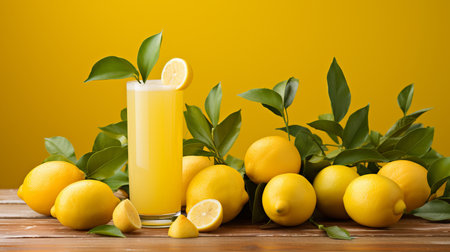 Tempting lemon juice in glass on wooden table with soft yellow background, ideal for text placementの素材