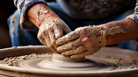 Potter creating matching ceramics on wheel in cozy studio with precision and expertiseの素材
