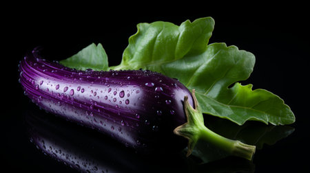Close up of ripe eggplant with glossy purple black skin, dramatic lighting, shallow depth of fieldの素材