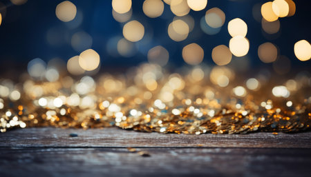 Golden christmas light particles on navy blue background with dark blue and gold particlesの素材