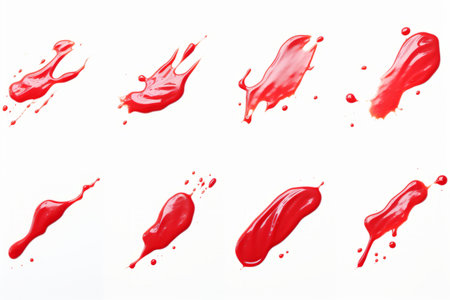 Red ketchup or sauce splashes set isolated on white background for design and advertising.の素材