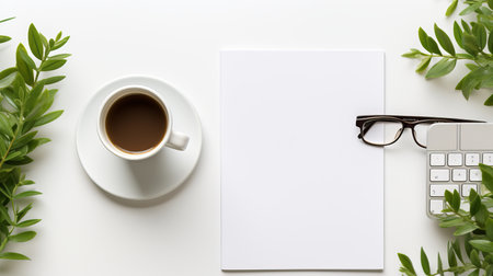 Stunning modern desktop scene with laptop, coffee cup, and trendy grey color flat lay compositionの素材