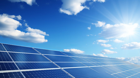 Renewable energy concept  solar panels against sky, symbolizing sustainability and natureの素材