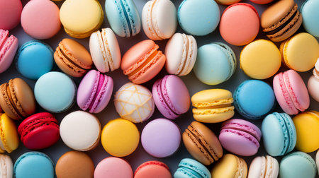 Colorful macaron cake, top view flat lay on sweet macaron minimalist pattern, food backgroundの素材
