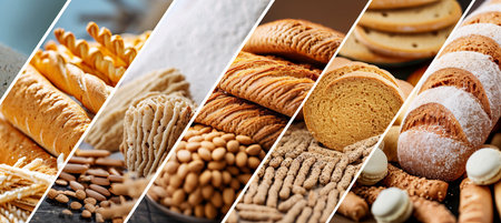Collage of bakery products with divided segments and white vertical lines on bright white backgroundの素材