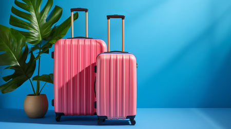 Vibrant blue background with two bright pink suitcases, travel luggage set for vacationの素材