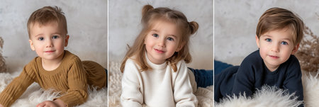 Collage of joyful children divided by white vertical lines in bright white light styleの素材