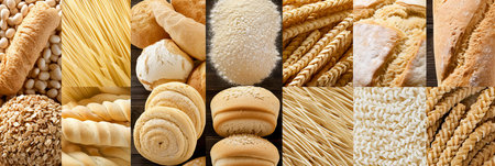 bakery delights  assorted products divided with white vertical lines in bright light white styleの素材