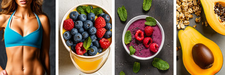 Vibrant fitness and wellness collage with white lines, showcasing health, relaxation, and brightnessの素材