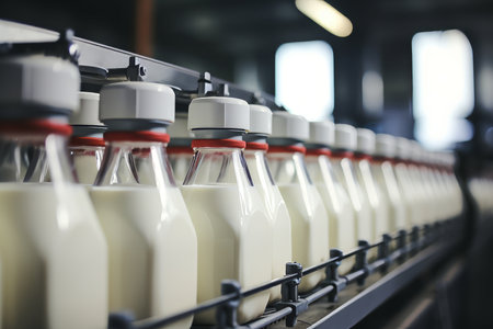 Automated process of filling milk and yogurt into plastic bottles at a state of the art dairy plantの素材
