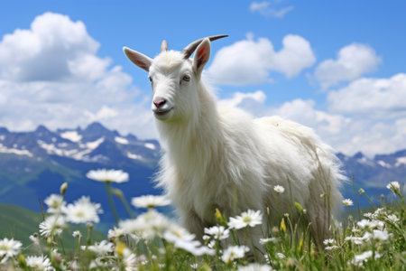 Gorgeous White Goat Serenely Grazing on a Sunlit Meadow in the Breathtaking Mountain Landscapeの素材