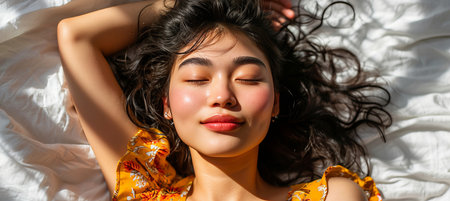 Radiant woman waking up with a joyful smile in a bright room, embracing a blissful morningの素材