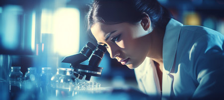 Female scientific research team with clear solution in laboratory on blurred backgroundの素材