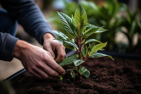 Passionate gardener planting young tree in vibrant garden, nurturing plants with careの素材