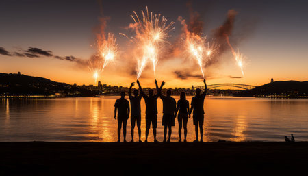 Chinese new year fireworks celebration silhouettes of people watching the festive fireworks displayの素材