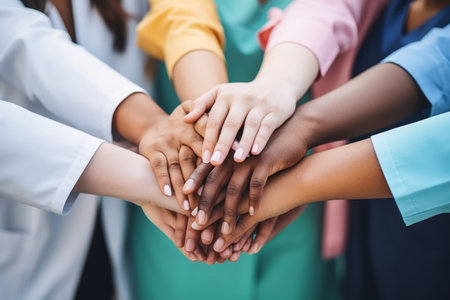 Multiethnic healthcare team demonstrating unity and collaboration through hand stacking.の素材