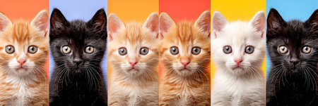 Vibrant and playful collage of cats divided by vertical white lines in a bright white styleの素材