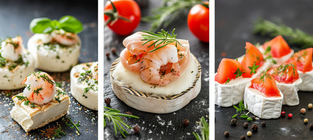 Assortment of cheese products divided by white vertical lines in a bright light white style collageの素材