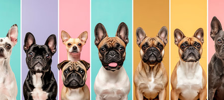 Collage of various dog breeds divided with white vertical lines on bright white backgroundの素材