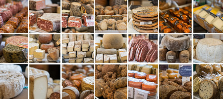 Vibrant collage of diverse cheese products, separated by elegant white vertical linesの素材