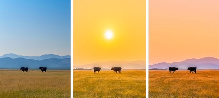 Nature s wildlife and landscape collage, divided with white lines, bright light styleの素材