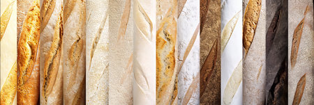 Scrumptious bakery products collage with segmented arrangement and vibrant white lightingの素材