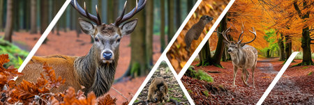 Vibrant collage showcasing the beauty of nature  landscapes, wildlife, and white vertical linesの素材