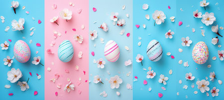 Vibrant easter mood  collage of colorful products with white dividers and bright light white styleの素材