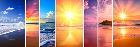 Serene beach collage featuring multiple divided segments and captivating bright white light styleの素材