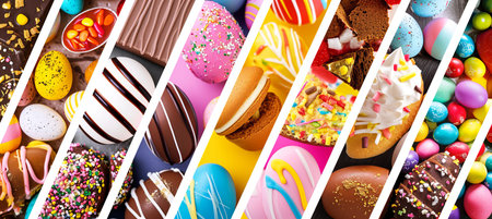 Vibrant easter mood products collage divided by white vertical lines with bright light white styleの素材