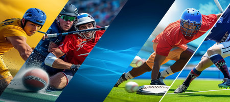 Sports athletes with equipment collage  divided by white vertical lines, bright light white styleの素材