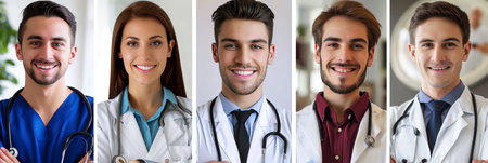 Collage of medicine doctors divided with white vertical lines, bright light white styleの素材