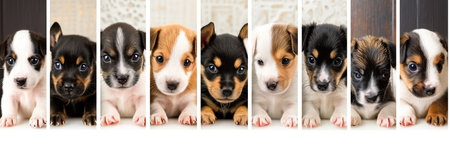 Lively dog collage with white vertical lines, showcasing segments in a bright white styleの素材