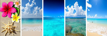 Vibrant beach collage divided with white vertical lines, featuring bright light white styleの素材