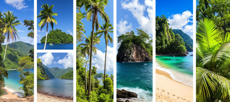 Serene beach collage adorned with elegant white divisions and captivating segments of radiant lightの素材
