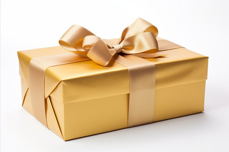 Golden ribbon bow on white background for birthday or christmas banners, borders, copy spaceの素材