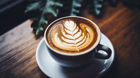 Festive latte coffee with foam art in the shape of a christmas tree, top view on wooden tableの素材