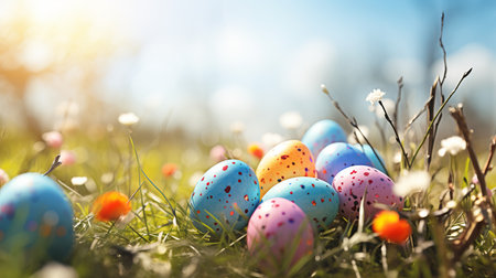 Colorful easter banner with beautiful eggs in grass and sun rays on blurred backgroundの素材