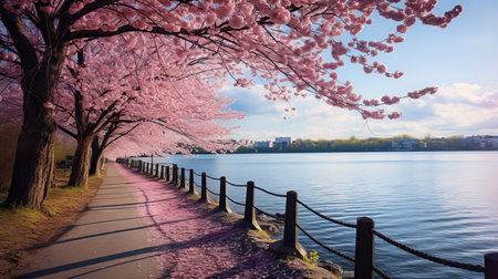 Vibrant spring landscape with blooming flowers and lush greenery illuminated by soft natural lightの素材