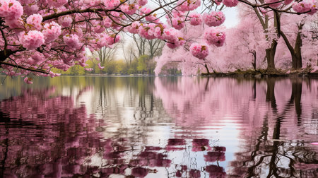 dazzling spring landscape  vibrant blooming flowers and lush greenery in bright natural lightの素材